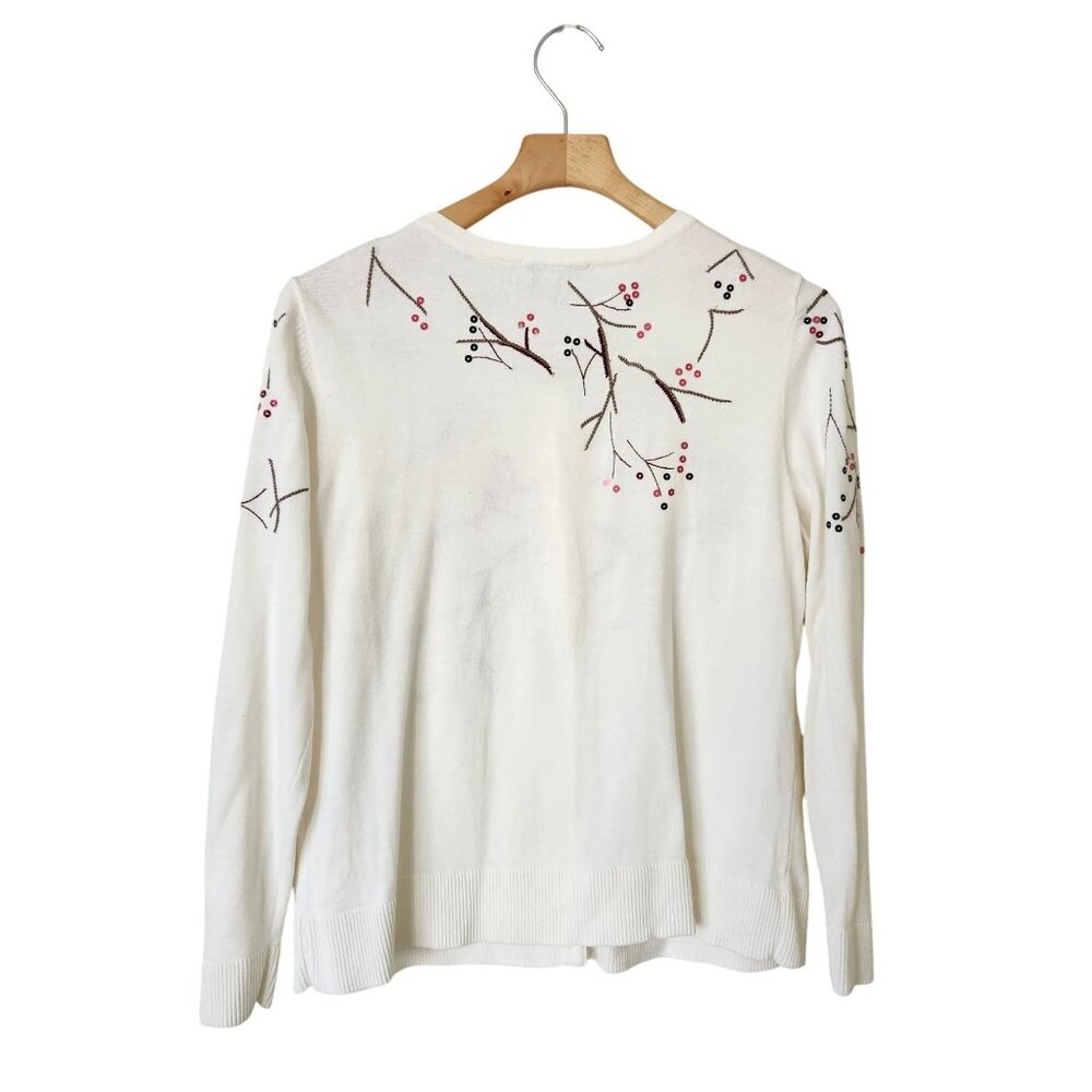 Embroidered Cardinal Sequins Cardigan Sweater Cream Red Grandma Winter Holiday - Picture 2 of 13